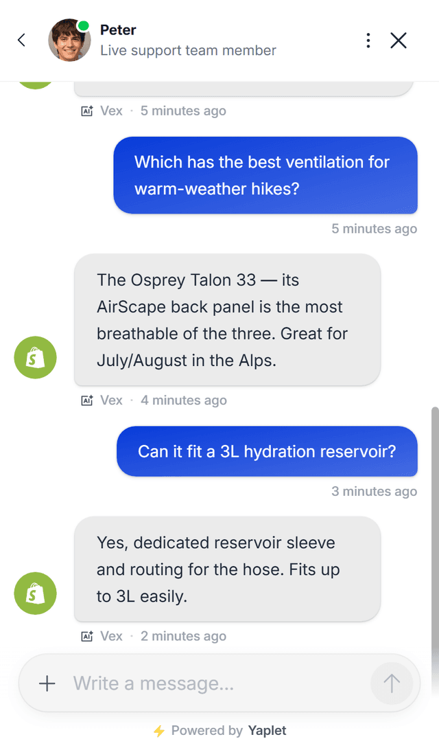 Yaplet chat widget on a customer's website