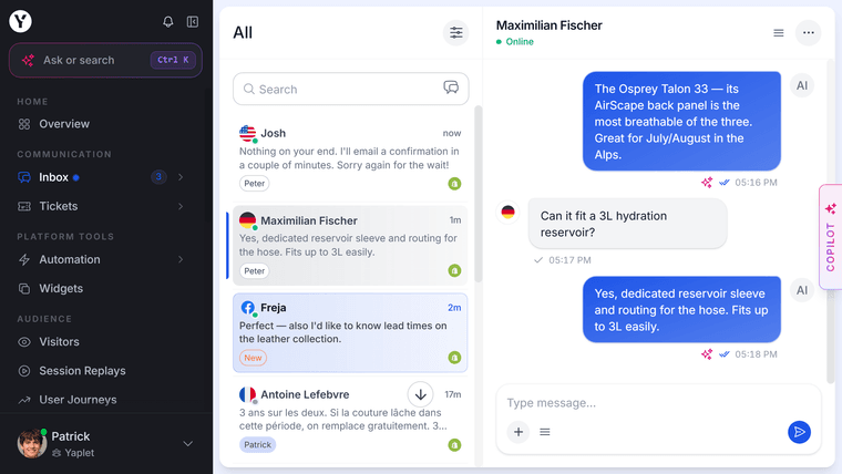Yaplet inbox showing a live customer conversation